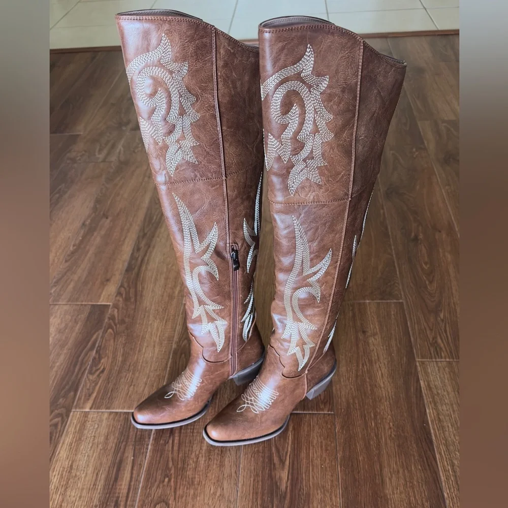 Brown Embroidered Knee-High Western Boots for Women - Picture 1 of 6